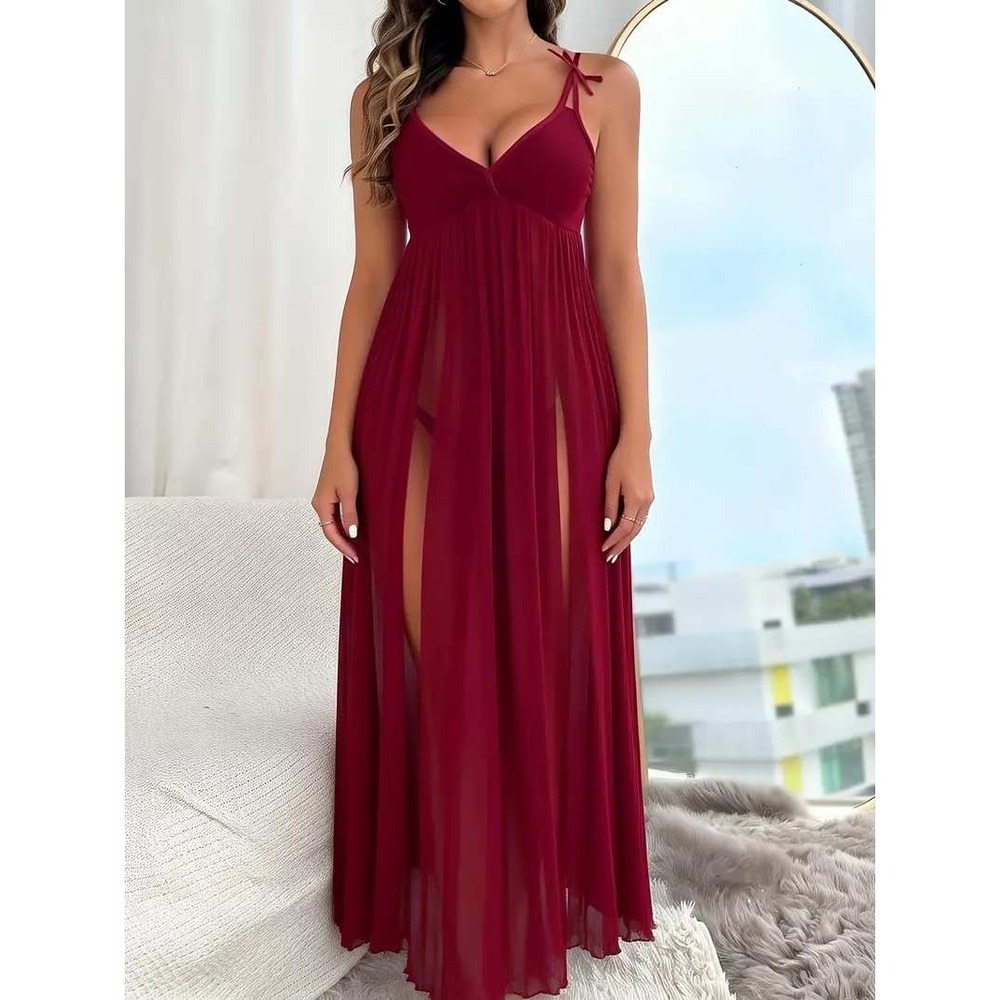 Sheer Nightgown Women XXL Burgundy Red Mesh Maxi Tie Strap Dress Whimsigoth Sexy